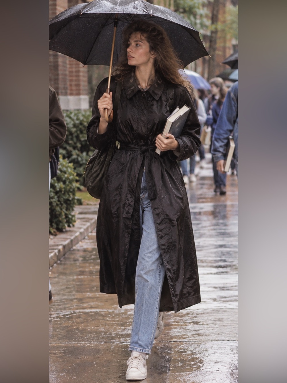 Vintage London Fog Black Crinkle Nylon Maxi Rain Coat 80s Femme Fatale Size S
